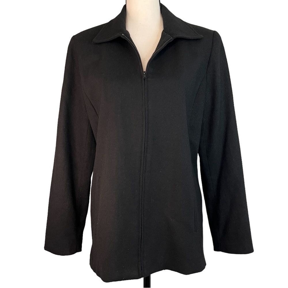 Vintage Wool Blend Zip Jacket Blazer Leslie Stuart Black Size 12 Lined Office